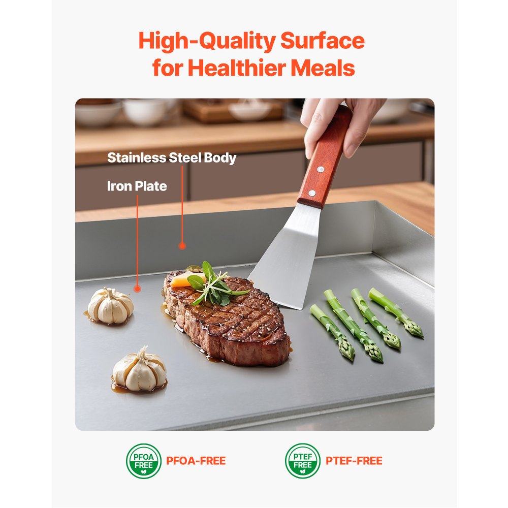 VEVOR Commercial Electric Griddle, 28.54 x 15.75 in, 4400W, 122-570°F Adjustable Temp Control, Stainless Steel Countertop Full Flat Top Grill with 2 Spatulas, 2 Brushes, for Steak, Pancake(NO PLUG)