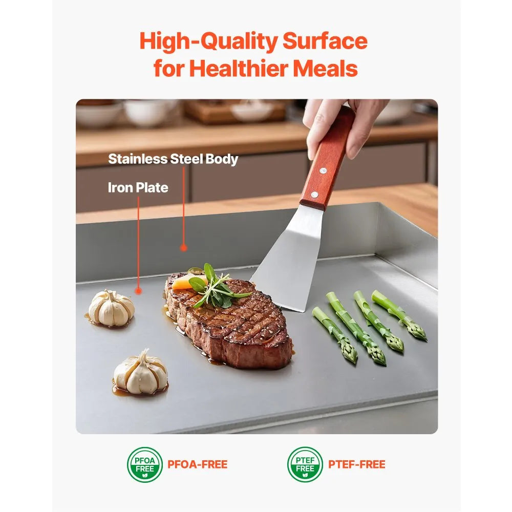 VEVOR Commercial Electric Griddle, 28.54 x 15.75 in, 2800W, 122-570°F Adjustable Temp Control, Stainless Steel Countertop Flat Top Grill with 2 Spatulas, 2 Brushes, and 4 Foot Pads, for Steak