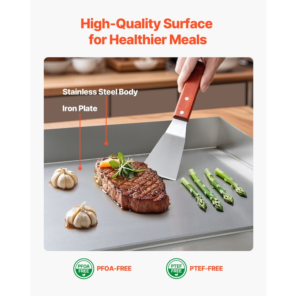 VEVOR Commercial Electric Griddle, 21.06 x 11.81 inch, 3200W, 122-570°F Adjustable Temp Control, Stainless Steel Body, Full Flat, with 2 Spatulas, 2 Brushes, and 4 Foot Pads, for Steak, Pancake