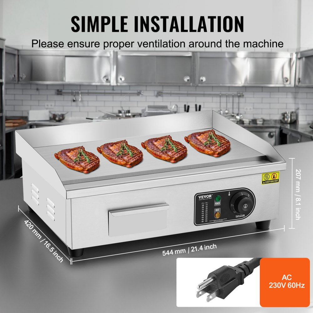 VEVOR Commercial Electric Griddle, 3200W Countertop Flat Top Grill, 122℉-572 ℉ Adjustable Temp, 21.26 x 11.81 x 0.39in Stainless Steel Griddle Grill with 2 Shovels and 2 Brushes for Home or Restaurant