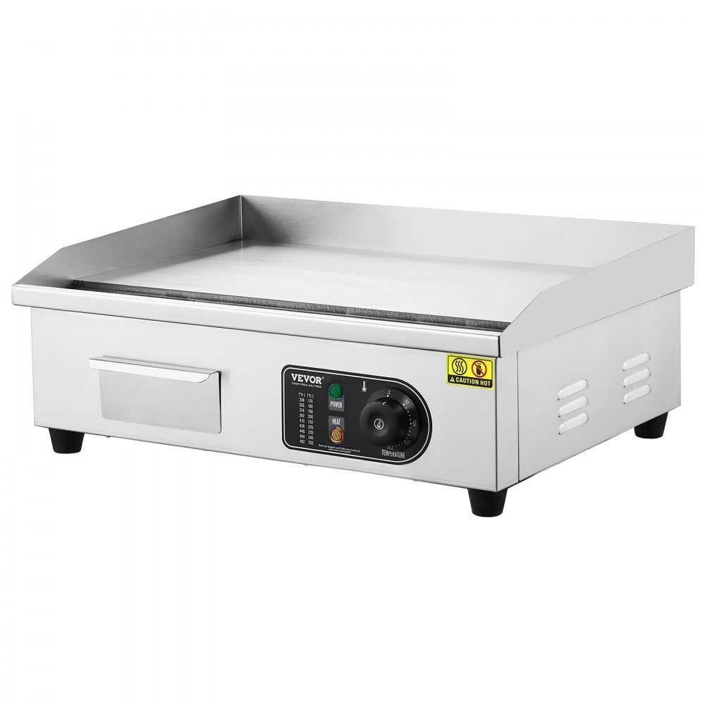 VEVOR Commercial Electric Griddle, 3200W Countertop Flat Top Grill, 122℉-572 ℉ Adjustable Temp, 21.26 x 11.81 x 0.39in Stainless Steel Griddle Grill with 2 Shovels and 2 Brushes for Home or Restaurant