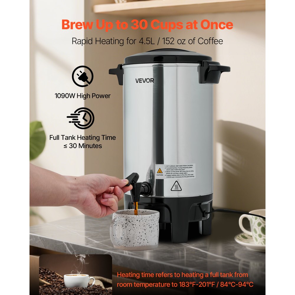 VEVOR Commercial Coffee Urn, 30 Cup 4.5 L Hot Beverage Dispenser with Dripless Faucet, Quick-Brewing Commercial Coffee Maker, Automatic Temperature Control, for Catering, Party, Church & Restaurant