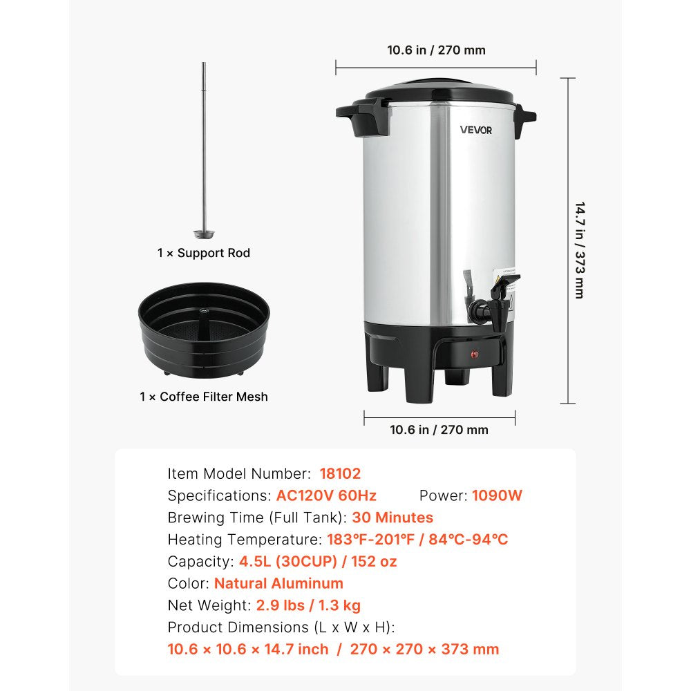 VEVOR Commercial Coffee Urn, 30 Cup 4.5 L Hot Beverage Dispenser with Dripless Faucet, Quick-Brewing Commercial Coffee Maker, Automatic Temperature Control, for Catering, Party, Church & Restaurant