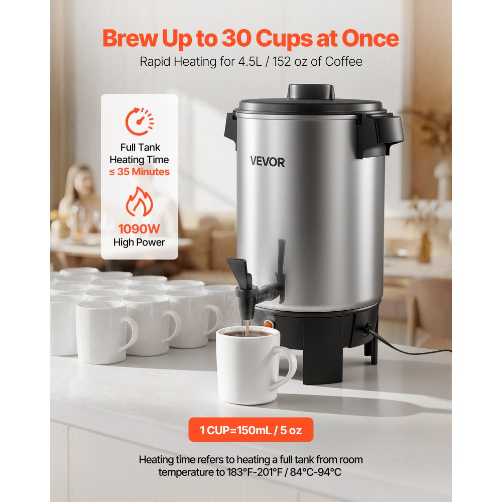 VEVOR Commercial Coffee Urn, 30 Cup 152oz Hot Beverage Dispenser with Dripless Faucet, 1090W Quick-Brewing Coffee Maker, Automatic Temperature Control, for Catering, Party, Church & Restaurant