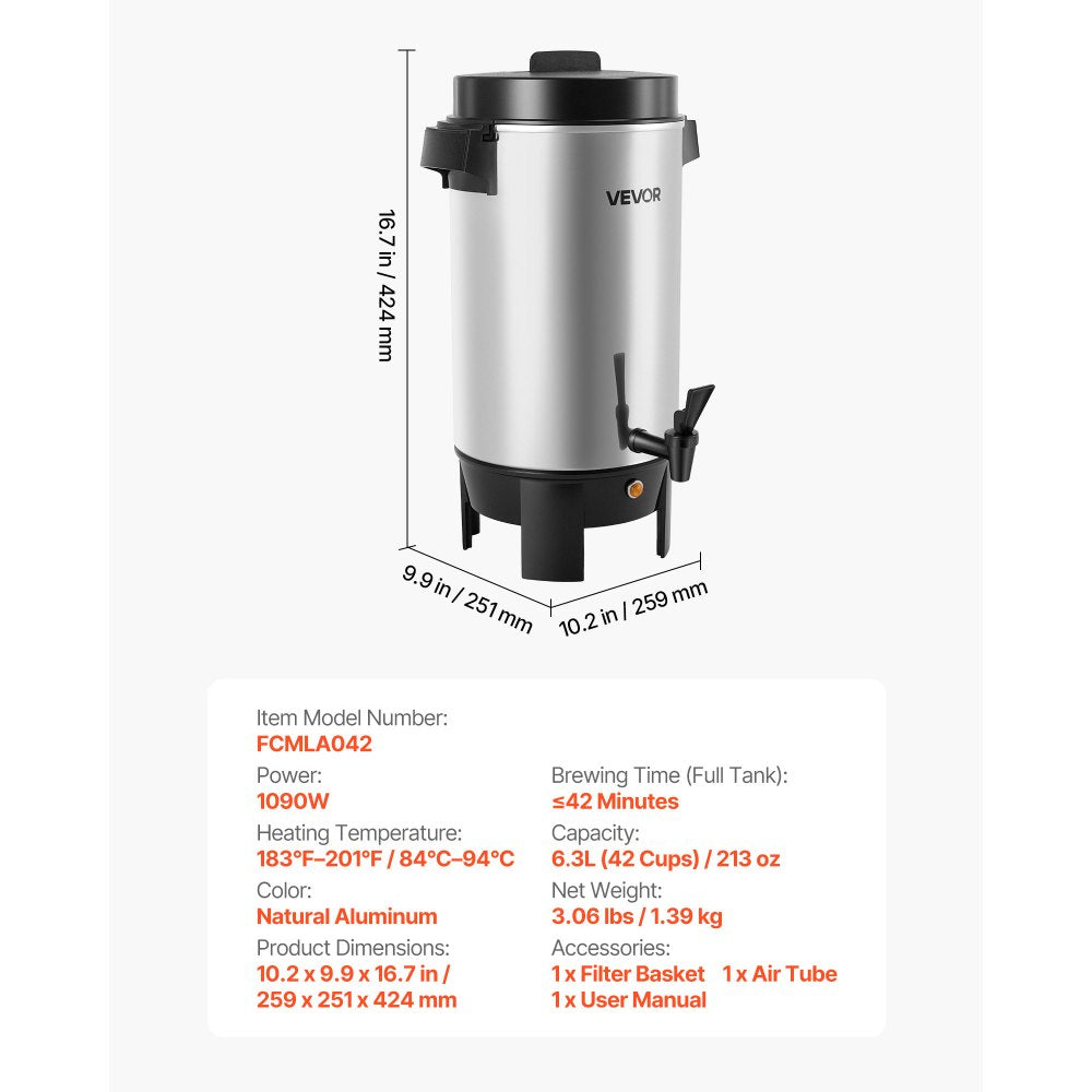 VEVOR Commercial Coffee Urn, 40 Cup 203oz Hot Beverage Dispenser with Dripless Faucet, 1090W Quick-Brewing Coffee Maker, Automatic Temperature Control, for Catering, Party, Church & Restaurant