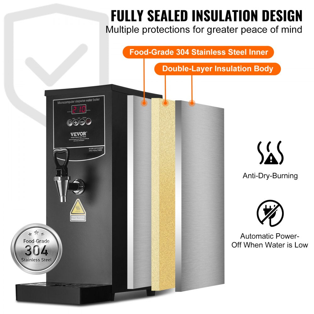 VEVOR Commercial Water Boiler, Electric Hot Water Dispenser with 316 Stainless Steel Heating Tube, 1500W Step-by-step Fast Heating 50L per Hour Hot Water Boiler, for Coffee Tea Restaurant Office