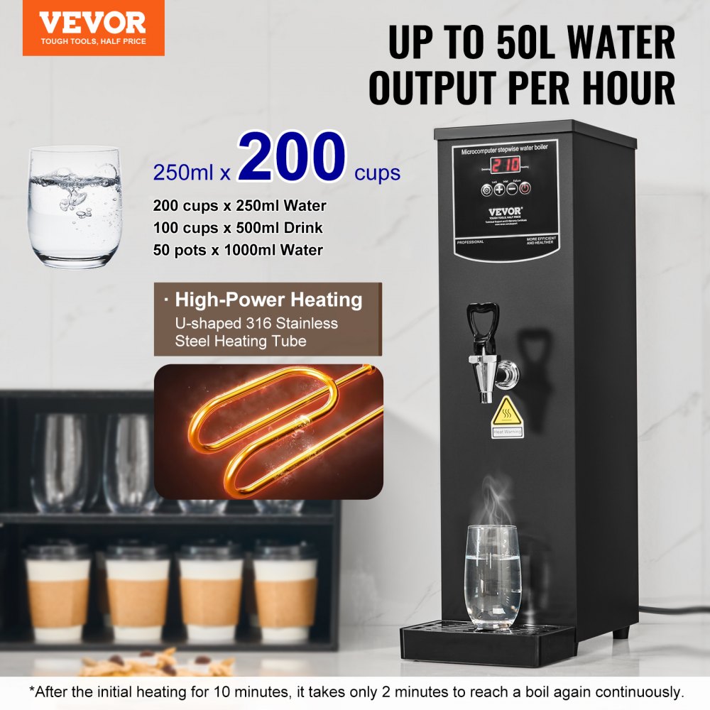 VEVOR Commercial Water Boiler, Electric Hot Water Dispenser with 316 Stainless Steel Heating Tube, 1500W Step-by-step Fast Heating 50L per Hour Hot Water Boiler, for Coffee Tea Restaurant Office