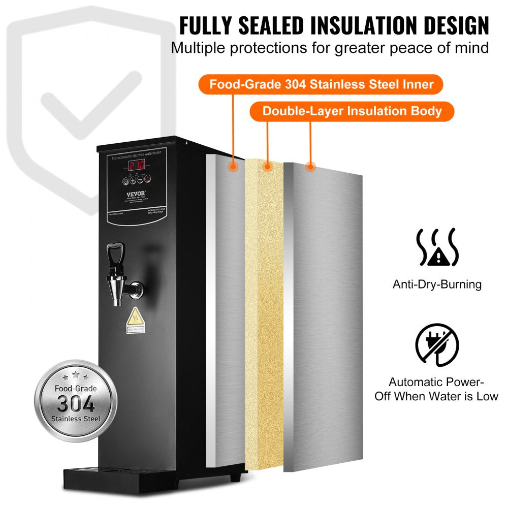 VEVOR Commercial Water Boiler, Electric Hot Water Dispenser with 316 Stainless Steel Heating Tube, 1500W Step-by-step Fast Heating 50L per Hour Hot Water Boiler, for Coffee Tea Restaurant Office