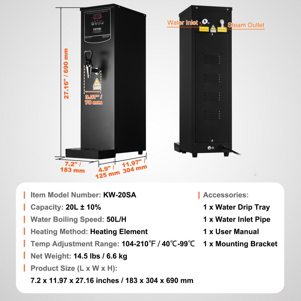 VEVOR Commercial Water Boiler, Electric Hot Water Dispenser with 316 Stainless Steel Heating Tube, 1500W Step-by-step Fast Heating 50L per Hour Hot Water Boiler, for Coffee Tea Restaurant Office