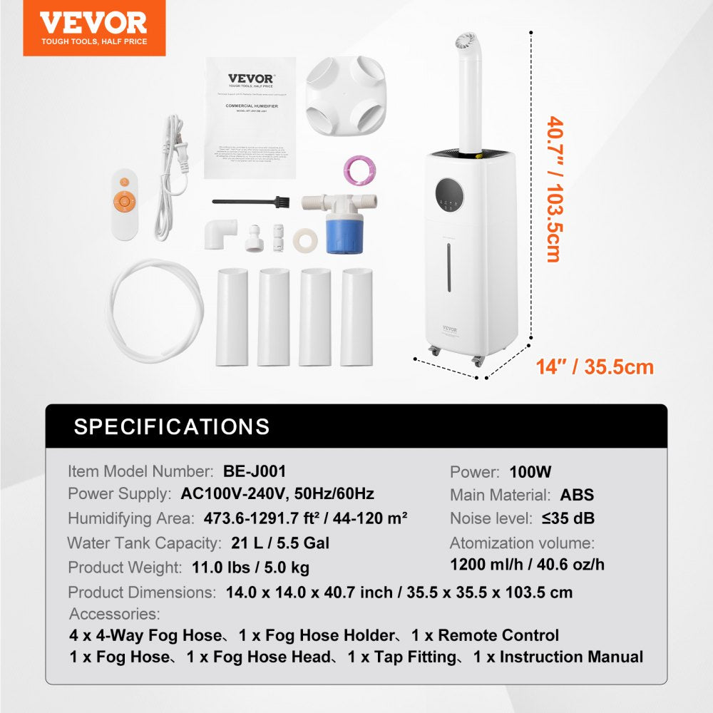 VEVOR Commercial Humidifier, 5.5 Gal/21L 40.6 oz/h Cool Mist Output, Industrial Air Vaporizer for Large Room Up To 1291.7 Sq Ft,Top Refill Humidifier w/ 12-Hour Timer for Whole House,Greenhouse, Plant