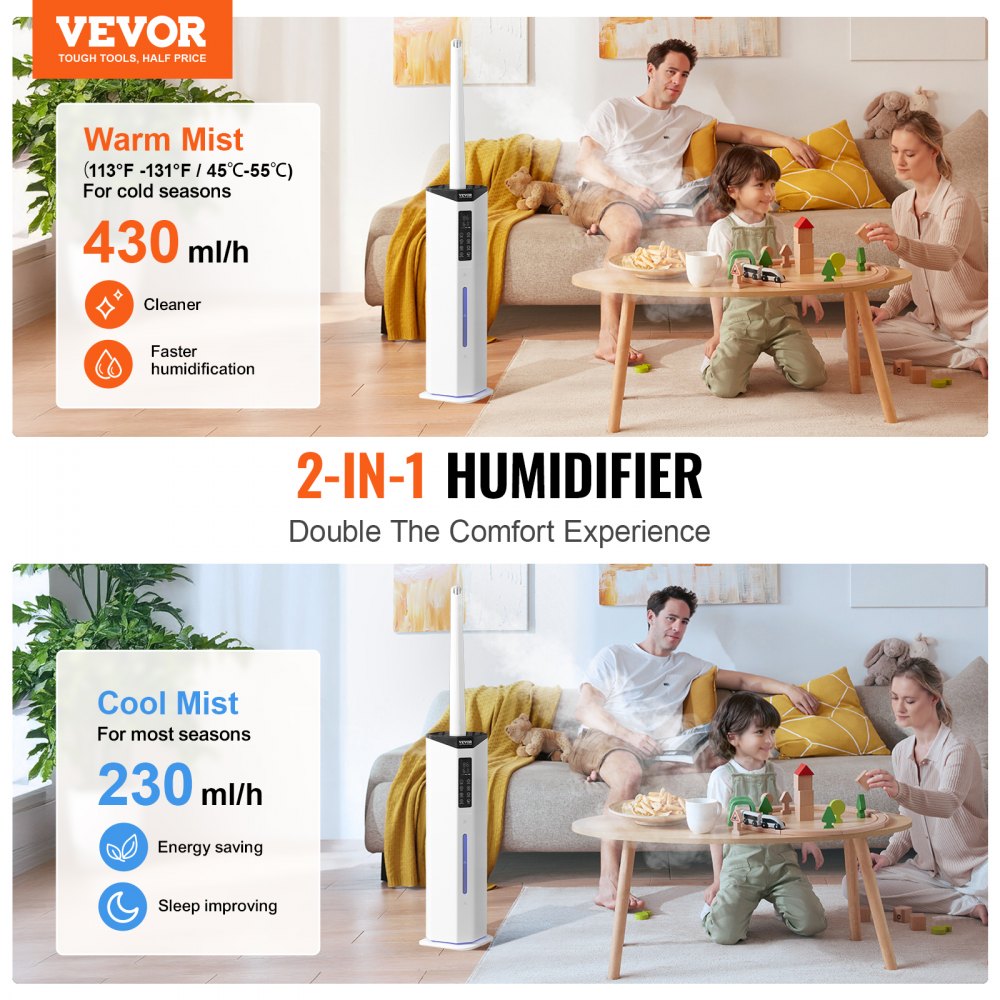 VEVOR Commercial Humidifier, 2.4 Gal/9L 2-In-1 Cool/Warm Mist, Industrial Air Vaporizer for Room Up To 430.6 Sq Ft,Top Refill Humidifier w/ Auto Rotary Spray for Whole House,Greenhouse, Plant
