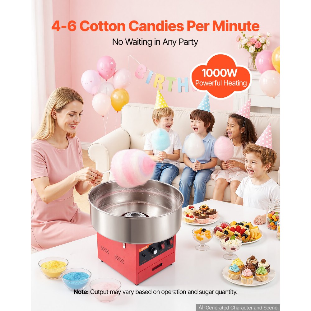VEVOR Cotton Candy Machine Commercial 1000W Electric Candy Floss Maker Red, Ideal for Home, Carnival, Birthday, Family Party, Easy Use with 20.5 in Stainless Steel Bowl, Storage Drawer, Sugar Scoop