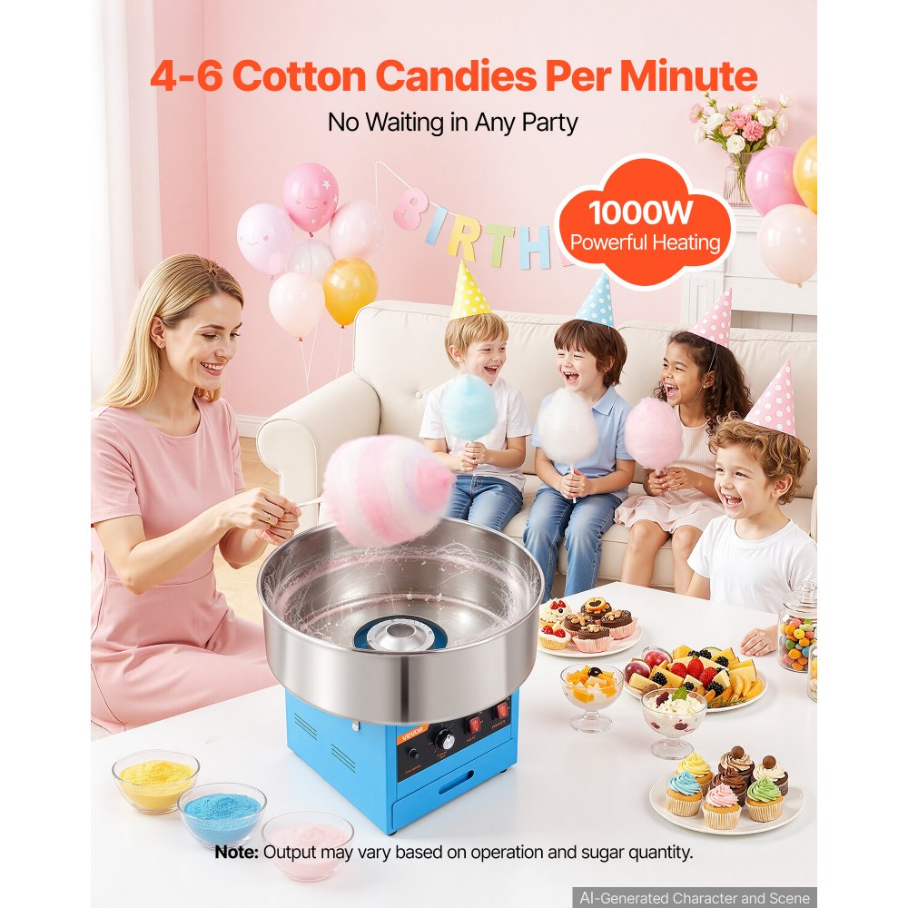 VEVOR Cotton Candy Machine Commercial 1000W Electric Candy Floss Maker Blue, Ideal for Home, Carnival, Birthday, Family Party, Easy Use with 20.5 in Stainless Steel Bowl, Storage Drawer, Sugar Scoop