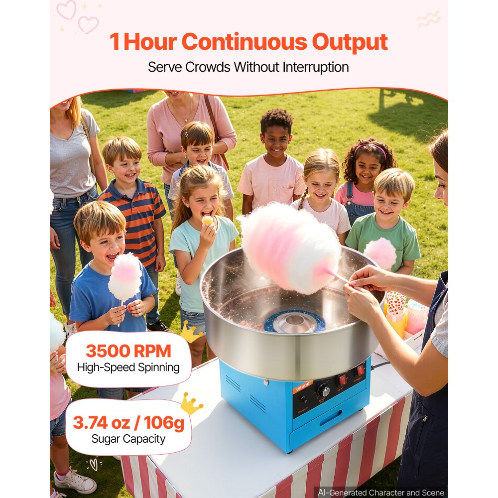 VEVOR Cotton Candy Machine Commercial 1000W Electric Candy Floss Maker Blue, Ideal for Home, Carnival, Birthday, Family Party, Easy Use with 20.5 in Stainless Steel Bowl, Storage Drawer, Sugar Scoop