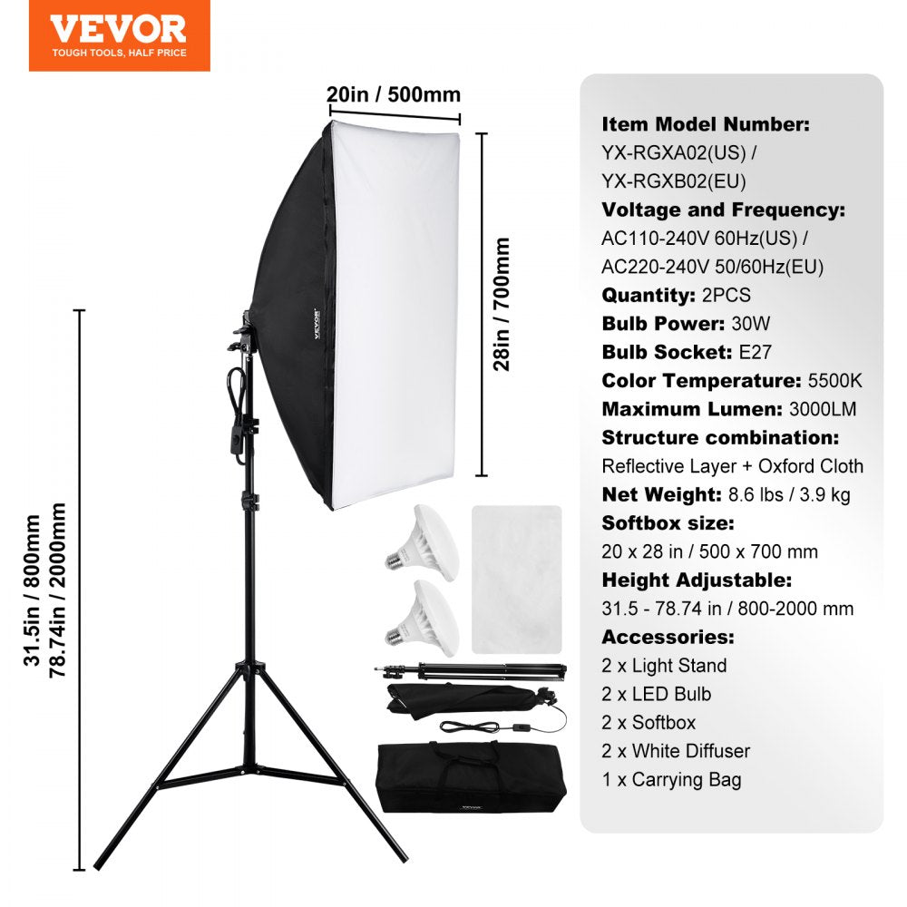 VEVOR Softbox Lighting Kit, 20" x 28", Professional Softbox with 30W 5500K LED Bulbs, Close to Natural Daylight, Adjustable Tripod Stand, Studio Lights for Photography, Vedio Recording, Live Streaming