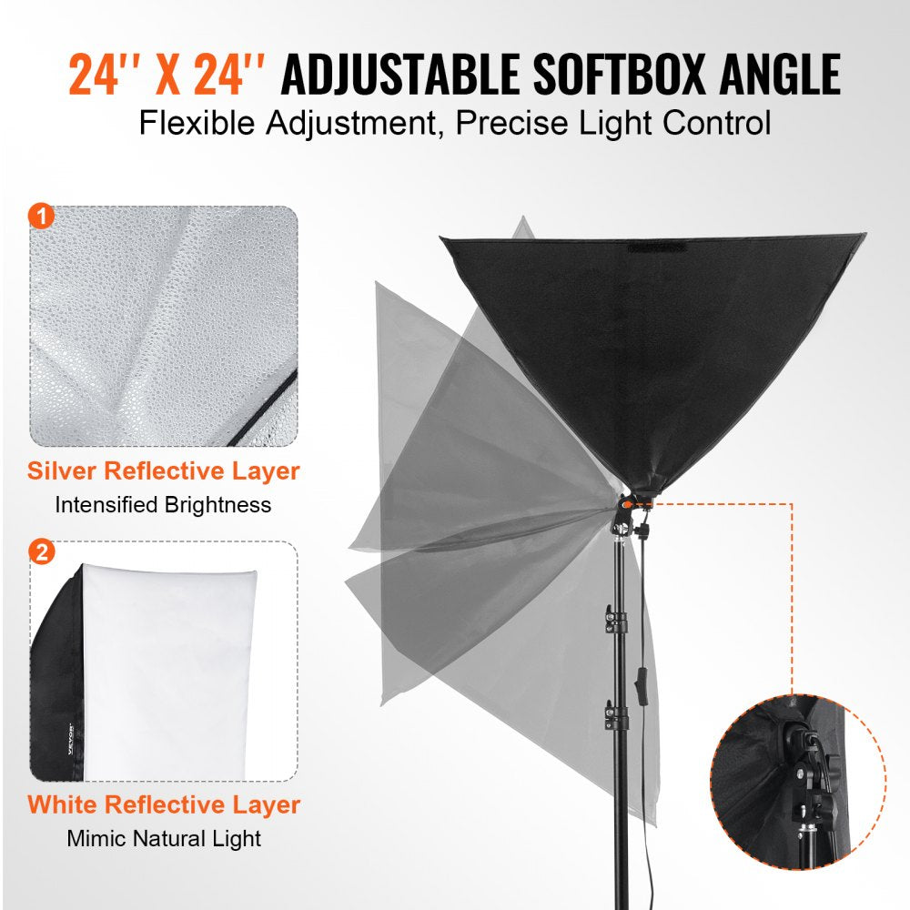 VEVOR Softbox Lighting Kit, 24" x 24", Professional Softbox with 30W 5500K LED Bulbs, Close to Natural Daylight, Adjustable Tripod Stand, Studio Lights for Photography, Vedio Recording, Live Streaming
