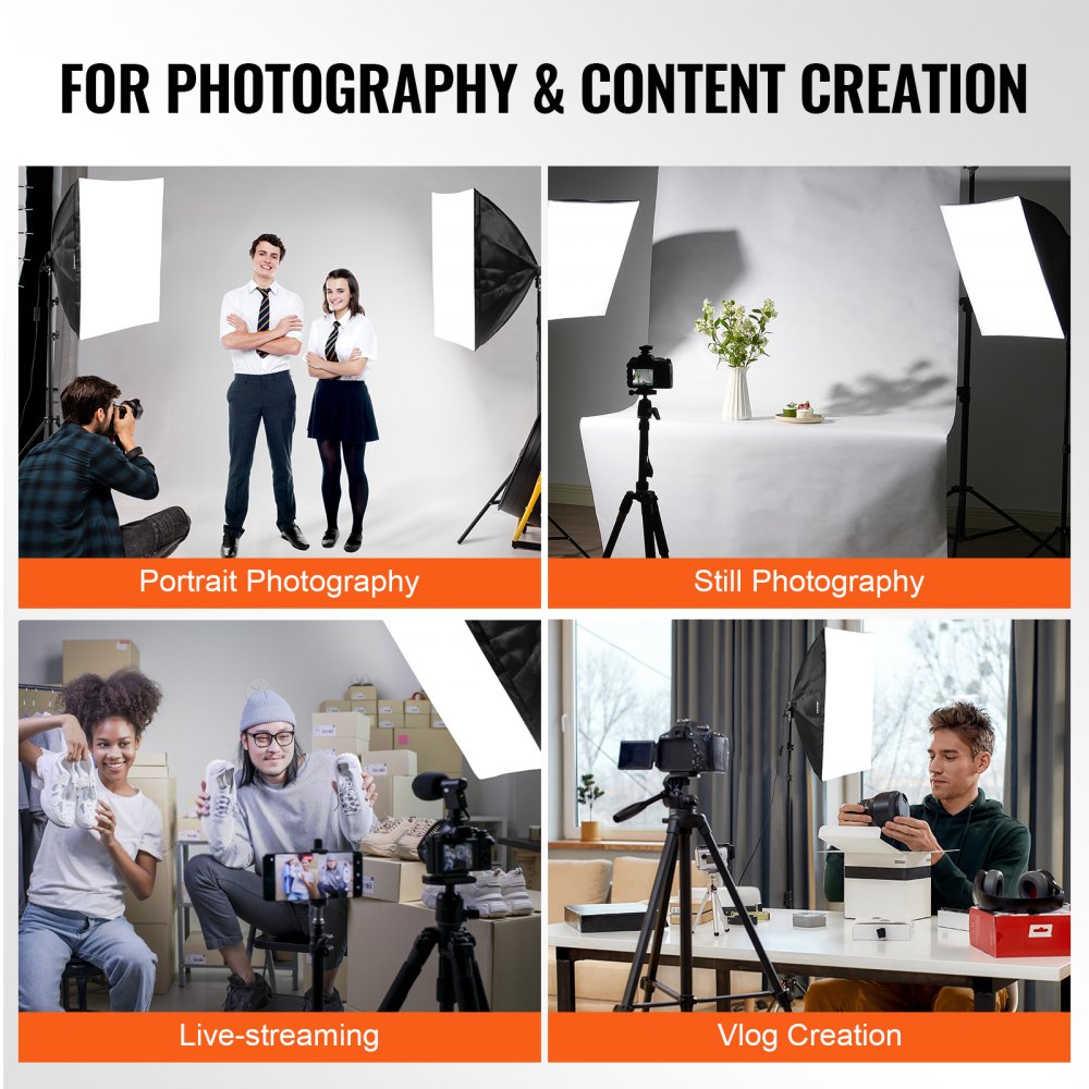 VEVOR Softbox Lighting Kit, 24" x 24", Professional Softbox with 30W 5500K LED Bulbs, Close to Natural Daylight, Adjustable Tripod Stand, Studio Lights for Photography, Vedio Recording, Live Streaming