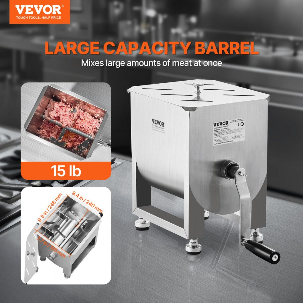 VEVOR Manual Meat Mixer, 15L Fixed Tank Meat Processing Equipment(Mixing Maximum 15LBS for Meat), Stainless Steel Meat Mixer, Sausage Mixer Machine with Lid and Handle, Ground Beef Hand Mixer