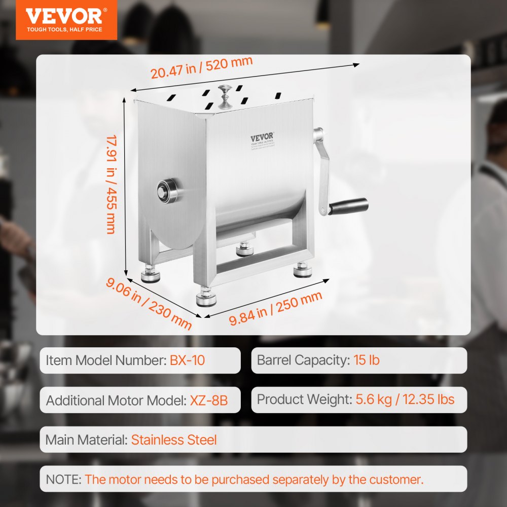 VEVOR Manual Meat Mixer, 10L Fixed Tank Meat Processing Equipment(Mixing Max 15LBS for Meat), Stainless Steel Meat Mixer, Sausage Mixer Machine with Lid Handle Gear Reducer, Ground Beef Hand Mixer