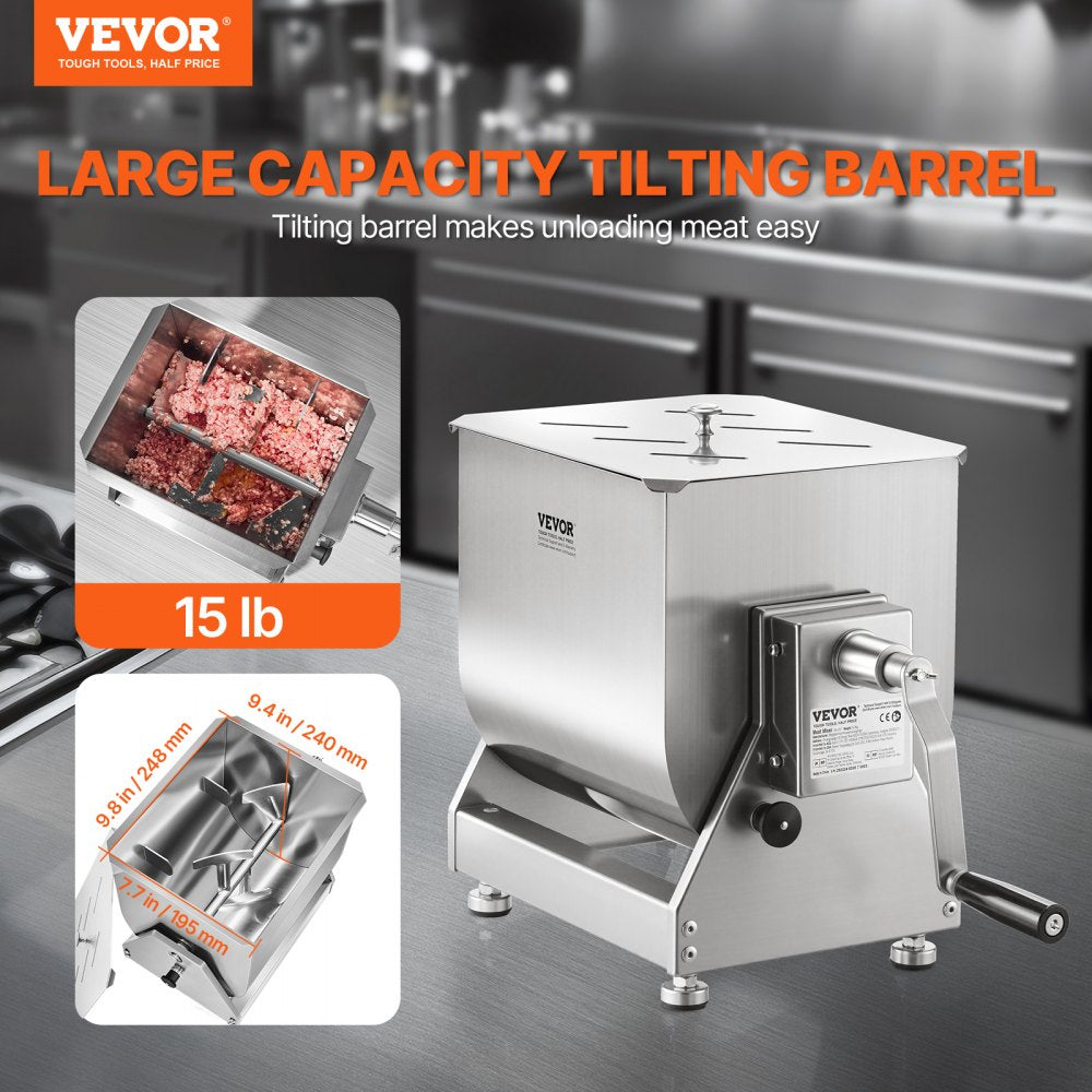 VEVOR Manual Meat Mixer, 15L Tilt Tank Meat Processing Equipment(Mixing Max 15LBS for Meat), Stainless Steel Meat Mixer, Sausage Mixer Machine with Lid Handle Gear Reducer, Ground Beef Hand Mixer