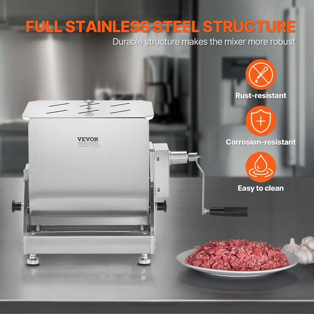 VEVOR Manual Meat Mixer, 30L Tilt Tank Meat Processing Equipment(Mixing Max 30LBS for Meat), Stainless Steel Meat Mixer, Sausage Mixer Machine with Lid Handle Gear Reducer, Ground Beef Hand Mixer