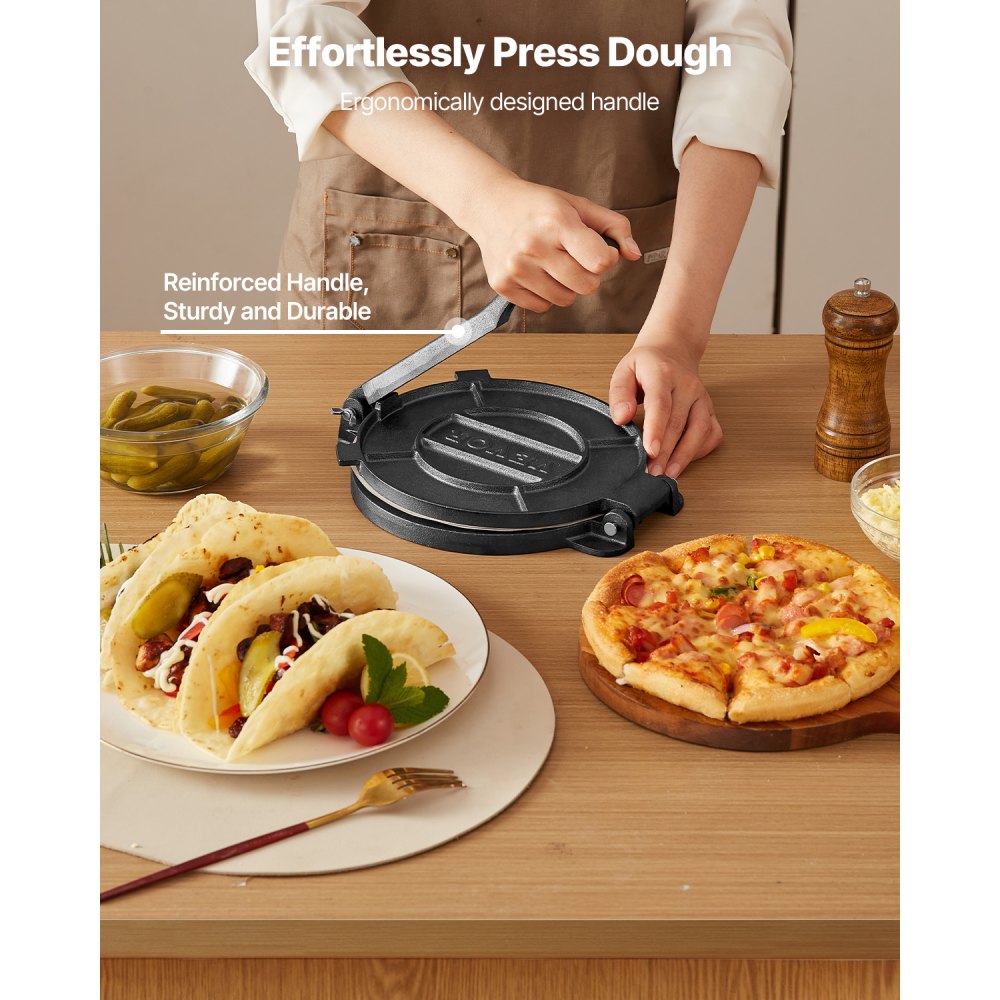 VEVOR Tortilla Press, 8 Inch Cast Iron Tortilla and Roti Maker, Heavy Duty Tortilladora Press, Pataconera Makers with Handle and 100 Pcs Parchment Paper, Dough Taco Press for Flour Tortilla, Tawa
