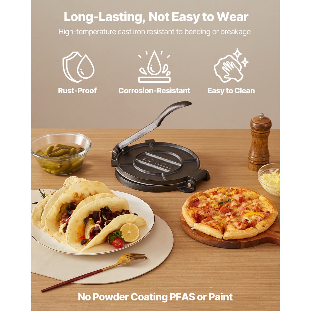 VEVOR Tortilla Press, 8 Inch Cast Iron Tortilla and Roti Maker, Heavy Duty Tortilladora Press, Pataconera Makers with Handle and 100 Pcs Parchment Paper, Dough Taco Press for Flour Tortilla, Tawa