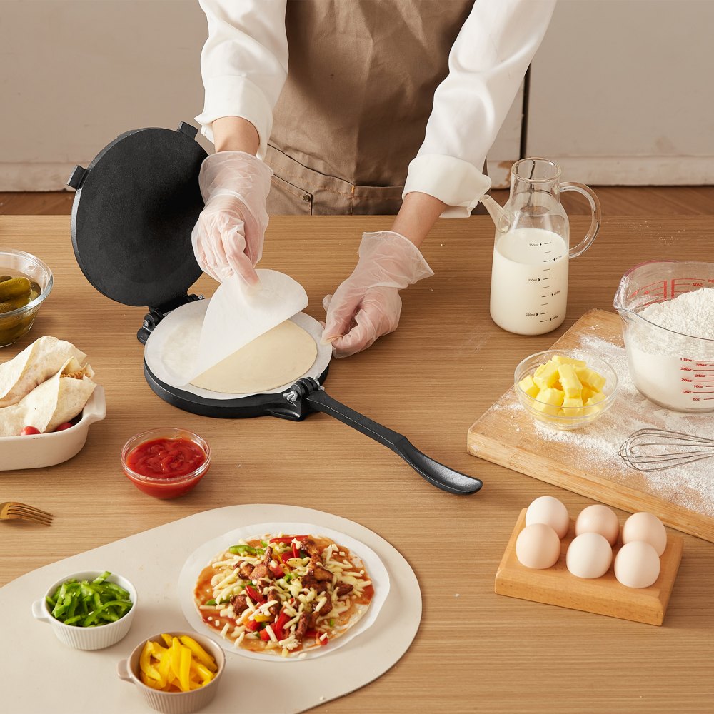 VEVOR Tortilla Press, 8 Inch Cast Iron Tortilla and Roti Maker, Heavy Duty Tortilladora Press, Pataconera Makers with Handle and 100 Pcs Parchment Paper, Dough Taco Press for Flour Tortilla, Tawa