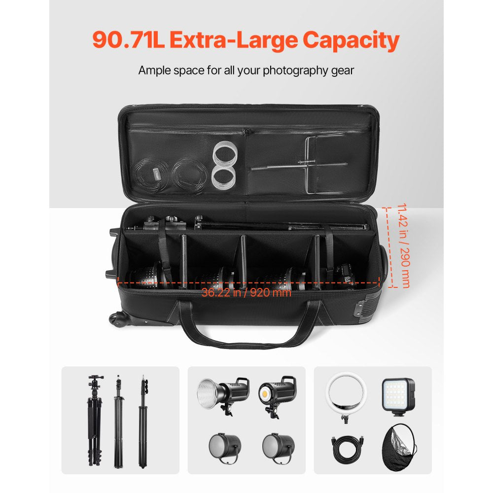 VEVOR Studio Equipment Trolley Case, 39.37 x 14.96 x 12.60 in / 100 x 38 x 32 cm, Rolling Camera Bag, Carrying Bag with Wheels Straps Padded Compartment Handle, for Light Stands, Tripods, Telescopes