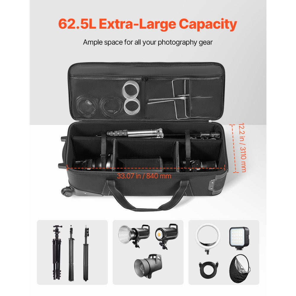 VEVOR Studio Equipment Trolley Case, 35.83 x 11.81 x 14 in / 91 x 30 x 35.5 cm, Rolling Camera Bag, Carrying Bag with Wheels Straps Padded Compartment Handle, for Light Stands, Tripods, Telescopes