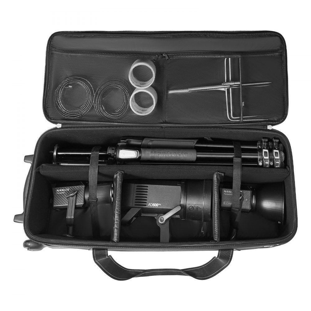 VEVOR Studio Equipment Trolley Case, 35.83 x 11.81 x 14 in / 91 x 30 x 35.5 cm, Rolling Camera Bag, Carrying Bag with Wheels Straps Padded Compartment Handle, for Light Stands, Tripods, Telescopes