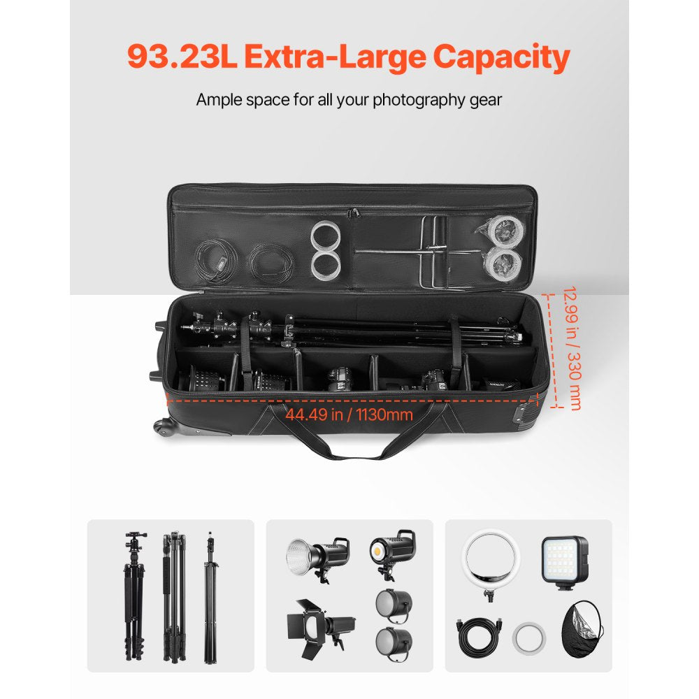 VEVOR Studio Equipment Trolley Case, 46.46 x 14.57 x 11.81 in / 118 x 37 x 30 cm, Rolling Camera Bag, Carrying Bag with Wheels Straps Padded Compartment Handle, for Light Stands, Tripods, Telescopes
