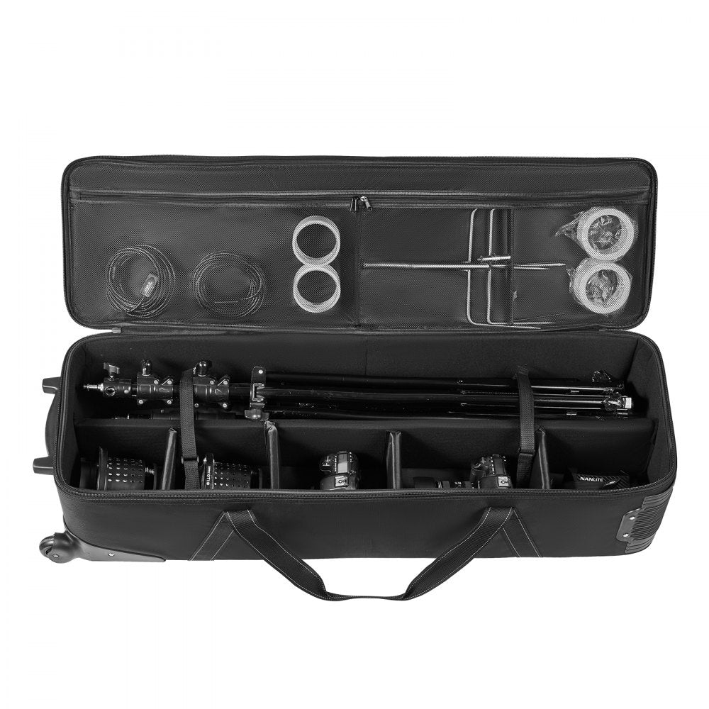 VEVOR Studio Equipment Trolley Case, 46.46 x 14.57 x 11.81 in / 118 x 37 x 30 cm, Rolling Camera Bag, Carrying Bag with Wheels Straps Padded Compartment Handle, for Light Stands, Tripods, Telescopes