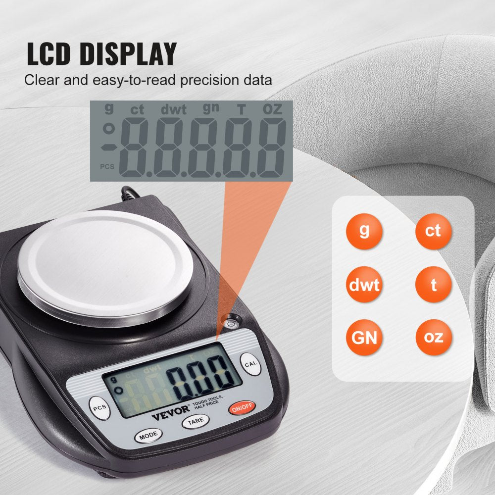 VEVOR Analytical Balance, 600g x 0.01g Accuracy High Precision Lab Scale, 6 Units Conversion Electronic Scientific Laboratory Scale, LCD Display Digital Jewelry Weighing Scale for Lab, Jewelry