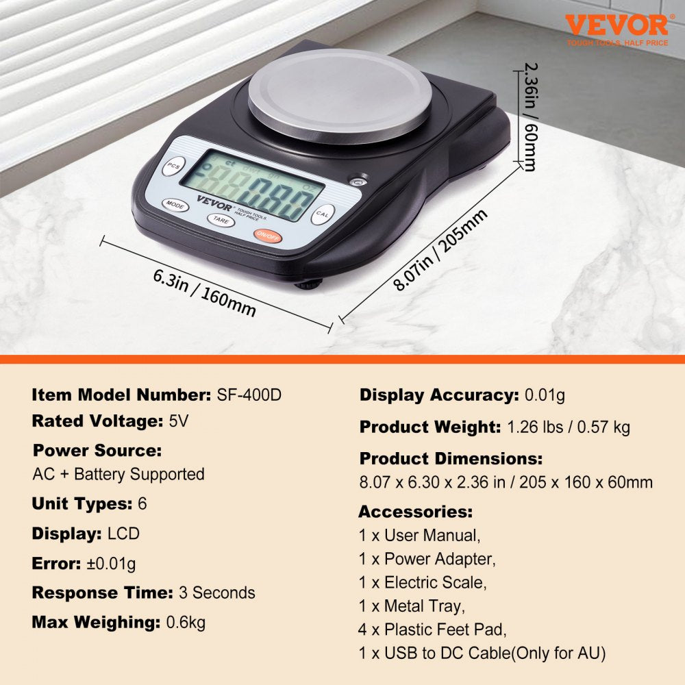 VEVOR Analytical Balance, 600g x 0.01g Accuracy High Precision Lab Scale, 6 Units Conversion Electronic Scientific Laboratory Scale, LCD Display Digital Jewelry Weighing Scale for Lab, Jewelry
