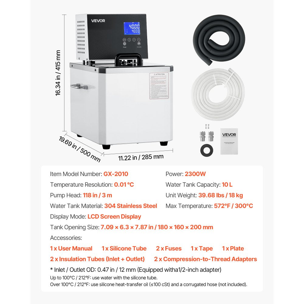 VEVOR Laboratory High-Temperature Circulating Oil Bath, Up to 300℃/572℉, 10 L Lab Constant Temperature Heating Tank, 0.1℃ High Precision, Internal and External Dual Circulation, for Laboratory