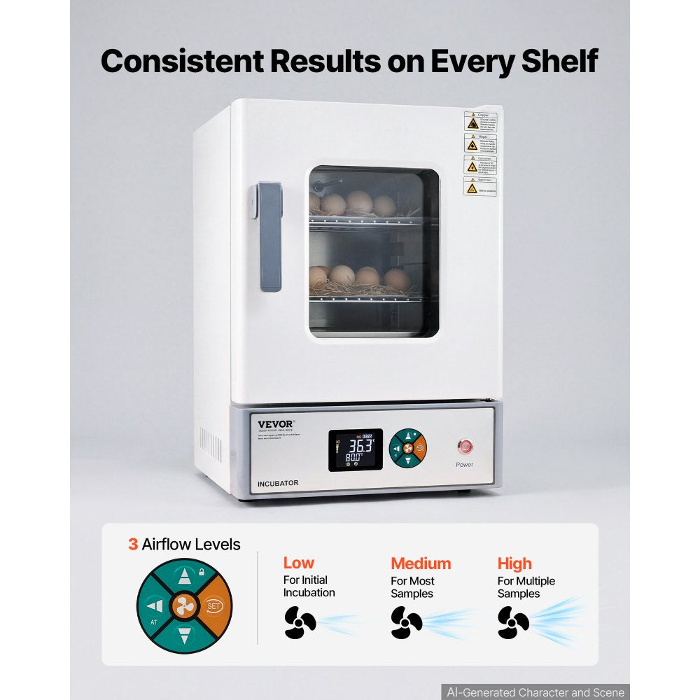 VEVOR Laboratory Incubator 5.3 Gal / 20 L with Adjustable Air Circulation, For Petri Dishes, Room Temp+41℉ to 158℉ PID Temperature Control, Microbiological Lab Incubator, Digital Panel, Glass Door