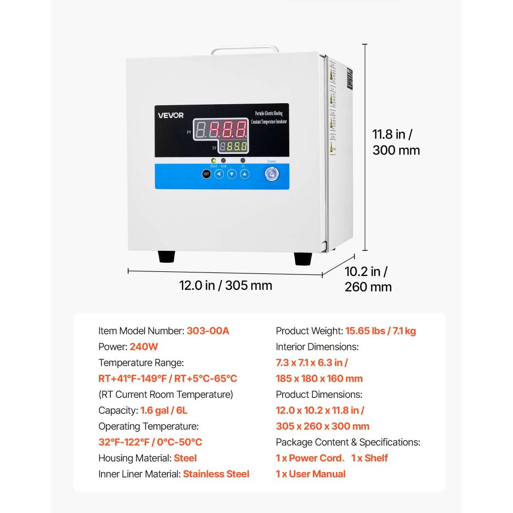 VEVOR Laboratory Incubator 1.6 Gal / 6 L Microbiological Lab Incubator, For Petri Dishes, Room Temp+41℉ to 149℉ PID Temperature Control, Compact & Portable, Digital Panel, Constant Temperature