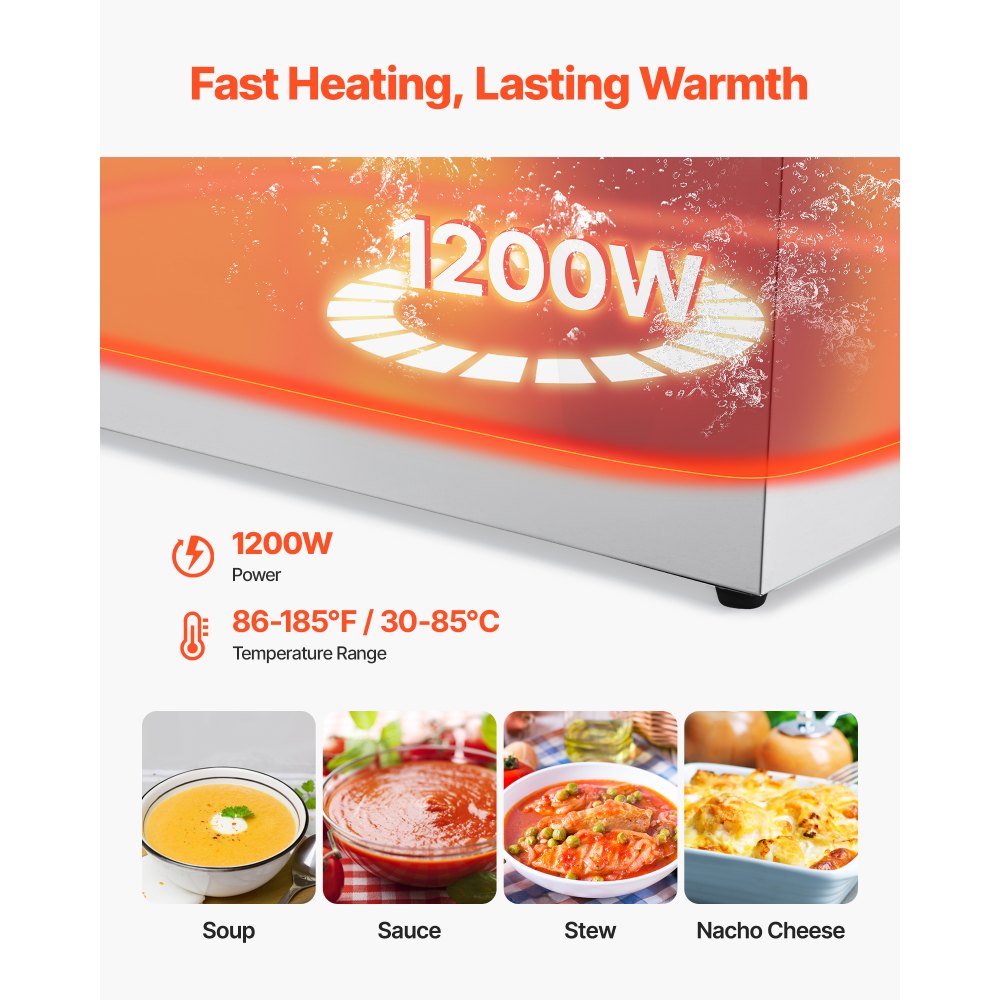 VEVOR Commercial Food Warmer, 1200W Electric Stainless Steel Steam Food Warmer, Fast Heating Countertop Buffet Bain Marie with Two 1/2 Size Food Pans, for Catering, Restaurants, Parties & Buffets
