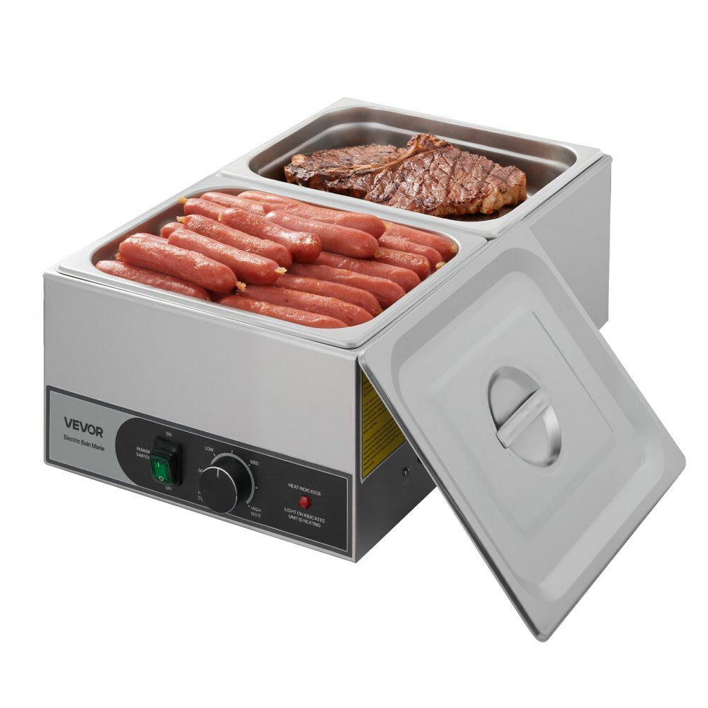 VEVOR Commercial Food Warmer, 1200W Electric Stainless Steel Steam Food Warmer, Fast Heating Countertop Buffet Bain Marie with Two 1/2 Size Food Pans, for Catering, Restaurants, Parties & Buffets