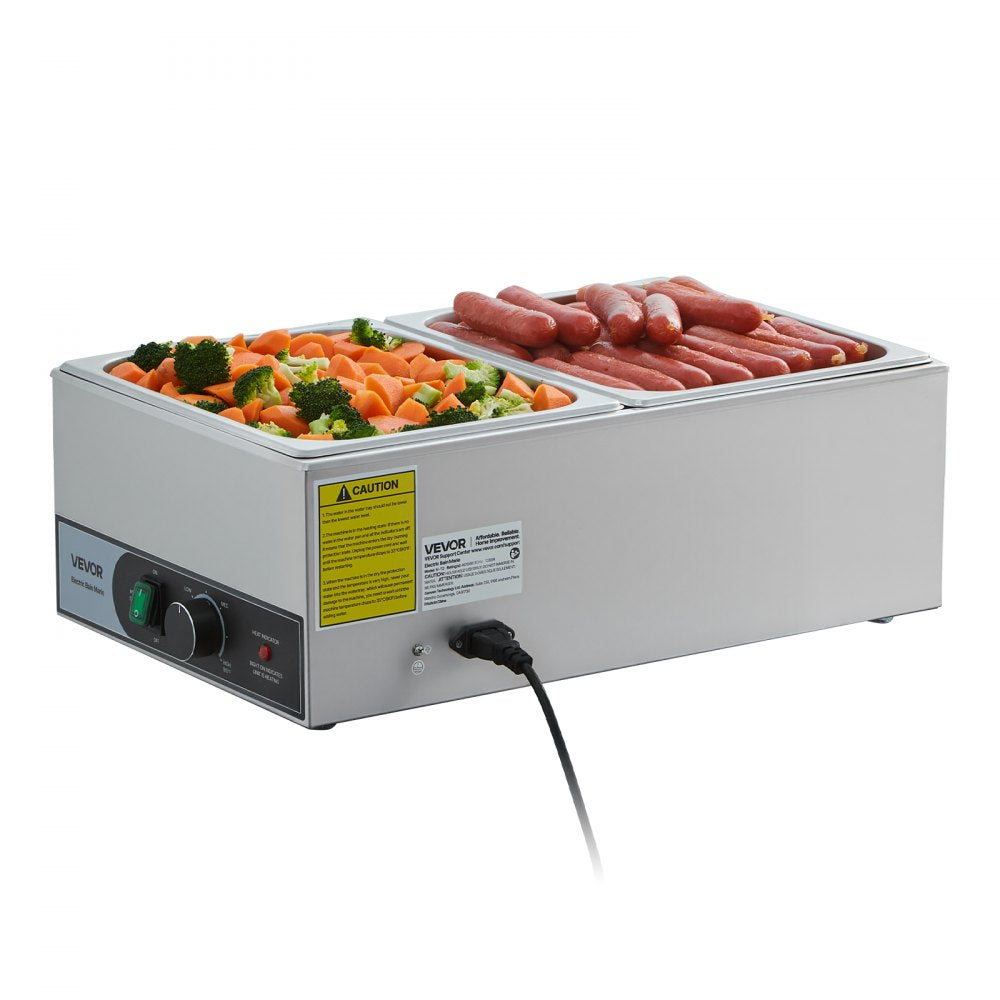 VEVOR Commercial Food Warmer, 1200W Electric Stainless Steel Steam Food Warmer, Fast Heating Countertop Buffet Bain Marie with Two 1/2 Size Food Pans, for Catering, Restaurants, Parties & Buffets
