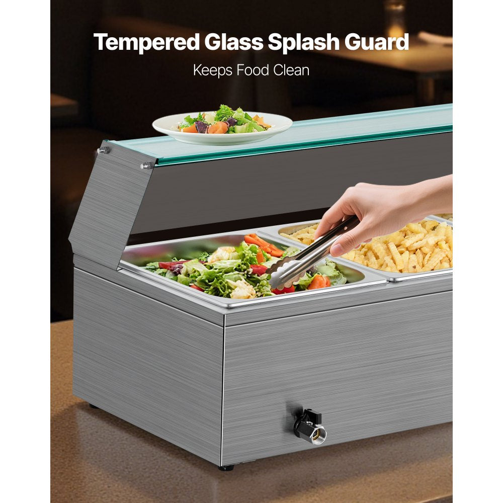 VEVOR Commercial Food Warmer, 1500W Electric Stainless Steel Steam Food Warmer with Glass Cover, 3-Pan Countertop Buffet Bain Marie with Soup & Perforated Ladles, for Catering, Restaurant & Party