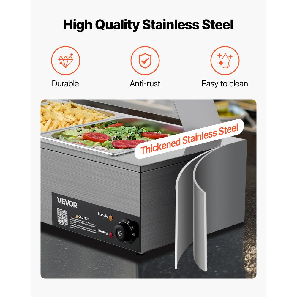 VEVOR Commercial Food Warmer, 1500W Electric Stainless Steel Steam Food Warmer with Glass Cover, 3-Pan Countertop Buffet Bain Marie with Soup & Perforated Ladles, for Catering, Restaurant & Party