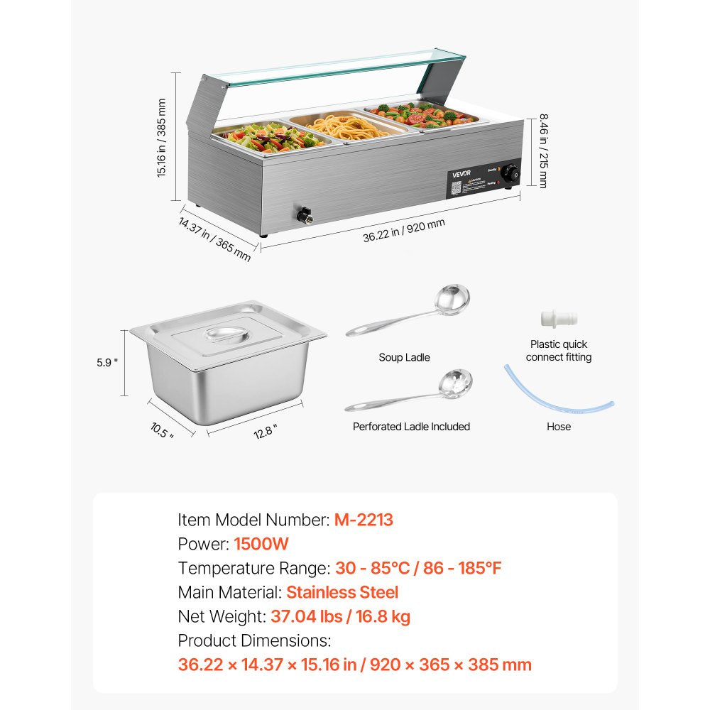 VEVOR Commercial Food Warmer, 1500W Electric Stainless Steel Steam Food Warmer with Glass Cover, 3-Pan Countertop Buffet Bain Marie with Soup & Perforated Ladles, for Catering, Restaurant & Party
