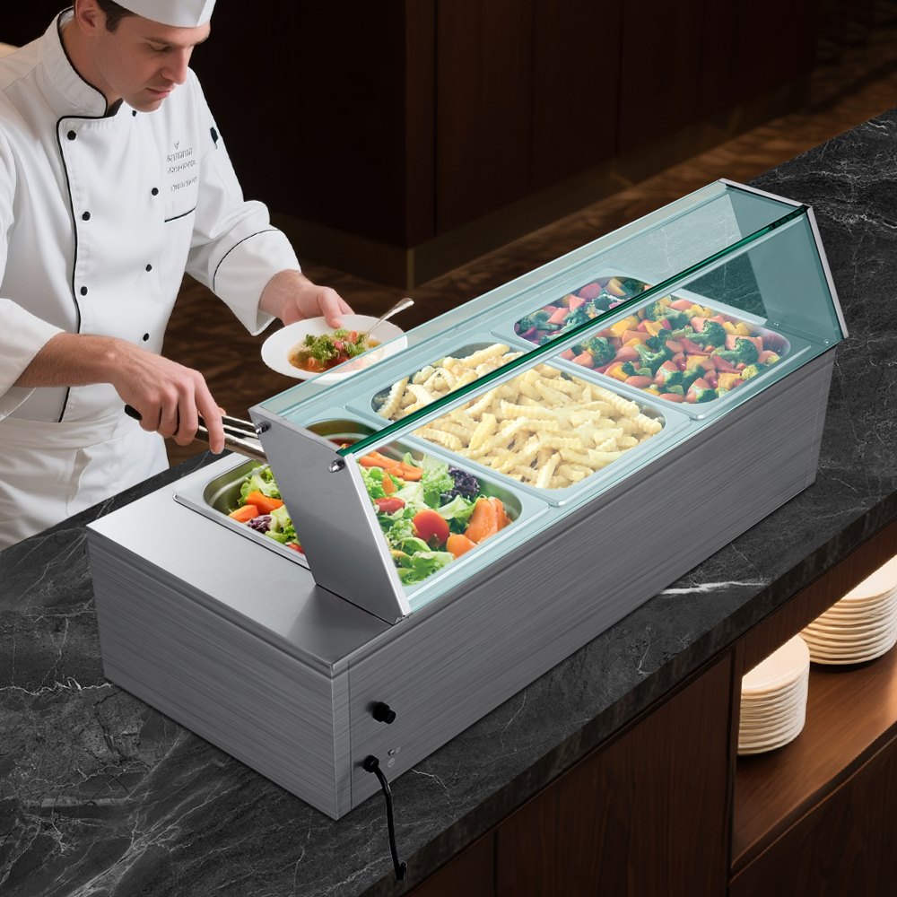 VEVOR Commercial Food Warmer, 1500W Electric Stainless Steel Steam Food Warmer with Glass Cover, 3-Pan Countertop Buffet Bain Marie with Soup & Perforated Ladles, for Catering, Restaurant & Party