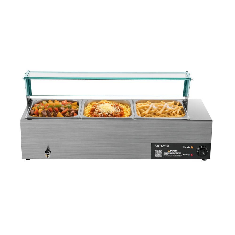 VEVOR Commercial Food Warmer, 1500W Electric Stainless Steel Steam Food Warmer with Glass Cover, 3-Pan Countertop Buffet Bain Marie with Soup & Perforated Ladles, for Catering, Restaurant & Party