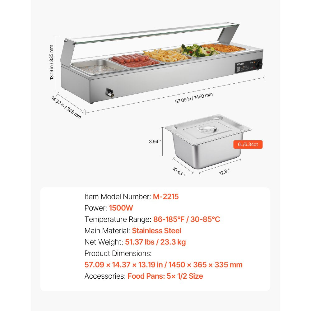 VEVOR Commercial Food Warmer dimensions and specs graphic