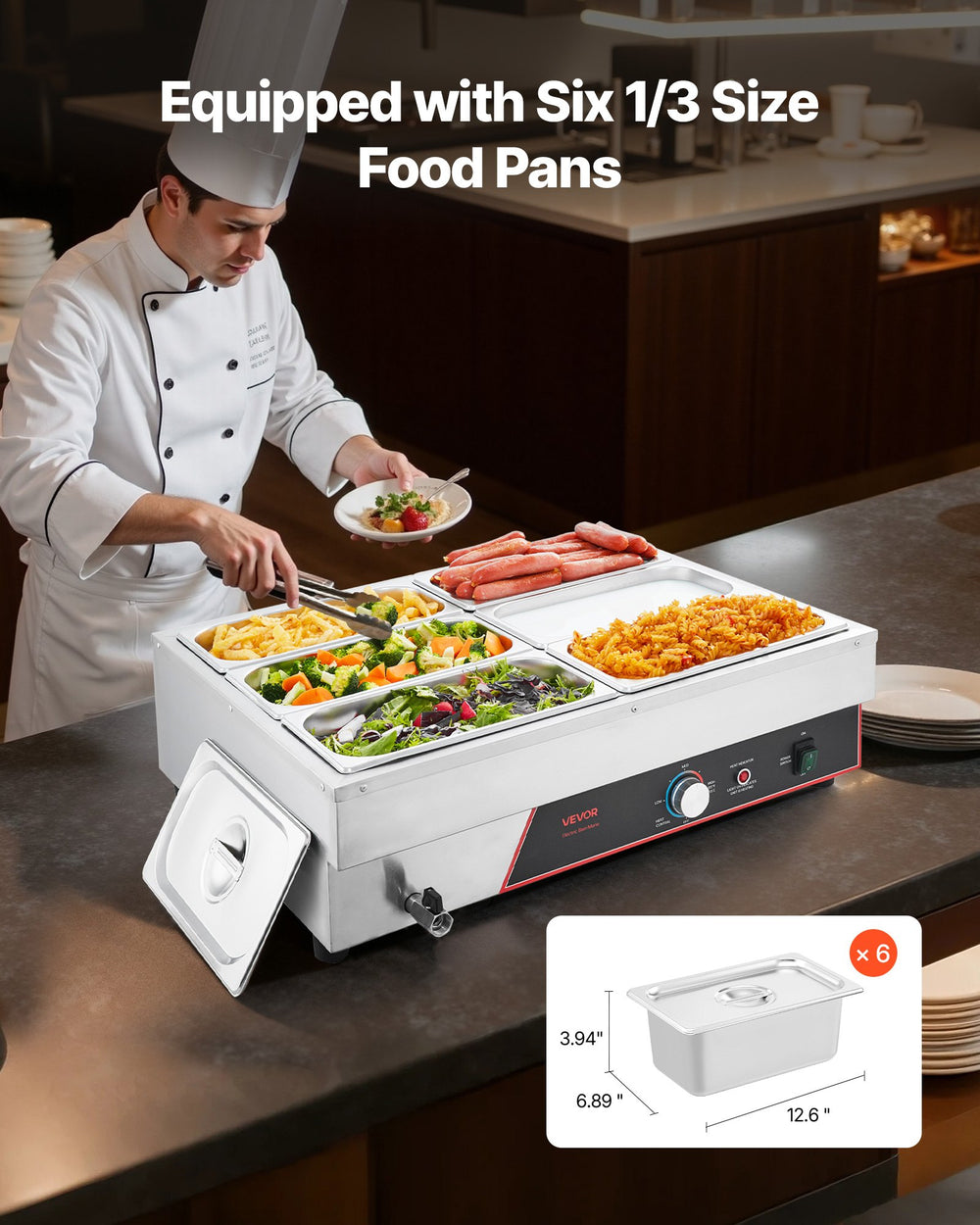 VEVOR Commercial Food Warmer, 1500W Electric Stainless Steel Steam Food Warming with Lid, 6-Pan Fast Heating Countertop Buffet Bain Marie with Power Cord, for Catering, Restaurant, Party & Buffets