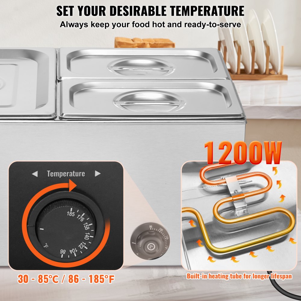 VEVOR 24QT Commercial Food Warmer, 3-Pan Electric Steam Table, 1200W Professional Countertop Stainless Steel Buffet Bain Marie with 86-185°F Temp Control for Catering, Buffet, Parties, Restaurants