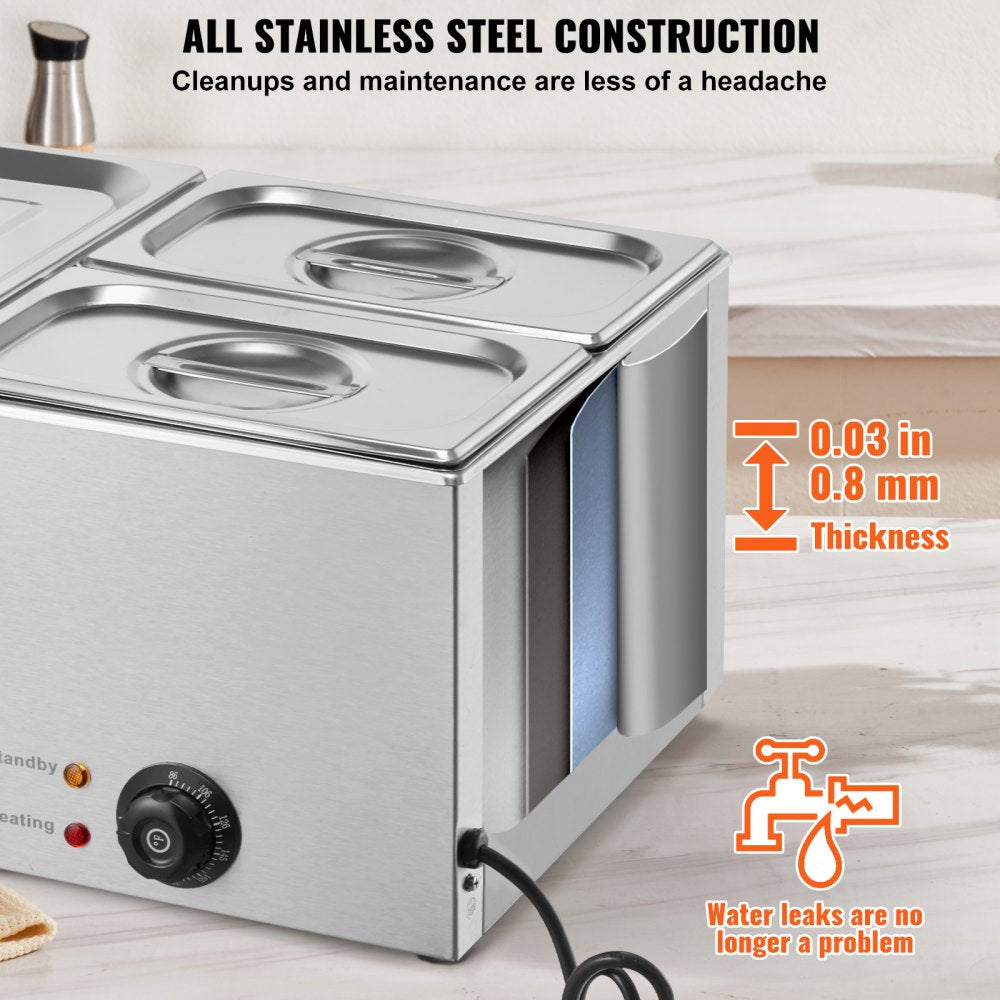 VEVOR 24QT Commercial Food Warmer, 3-Pan Electric Steam Table, 1200W Professional Countertop Stainless Steel Buffet Bain Marie with 86-185°F Temp Control for Catering, Buffet, Parties, Restaurants